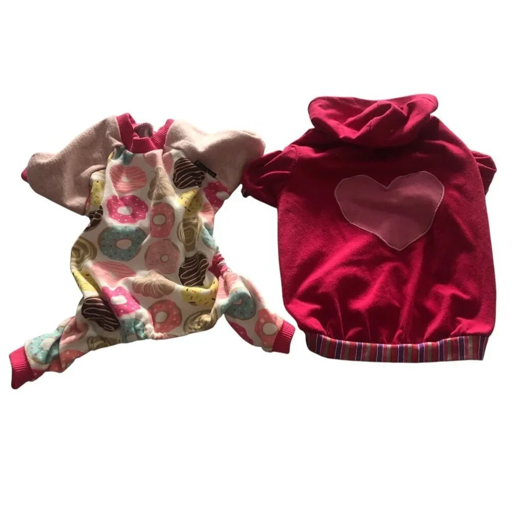 Dog Apparel (2) Piece Bundle Size Medium Donut Pjs and Red Hoodie Pink Heart